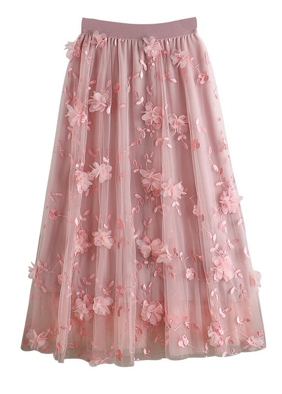 Natural Pink Embroideried Tulle Skirts Spring