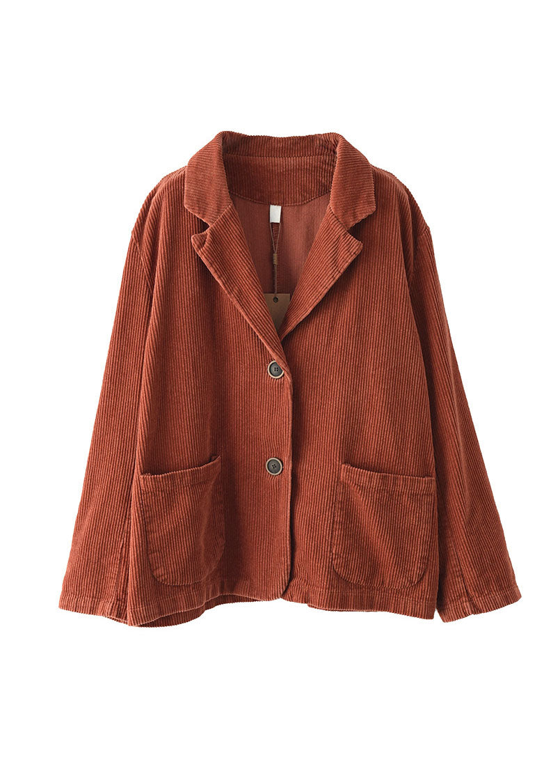 Caramel Button Pockets V Neck Corduroy Coats