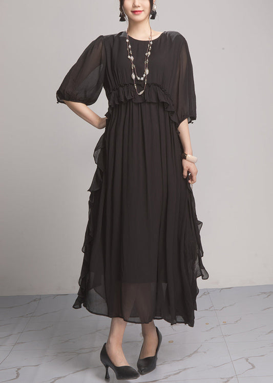 Black Wrinkled Chiffon Long Dresses O Neck Summer