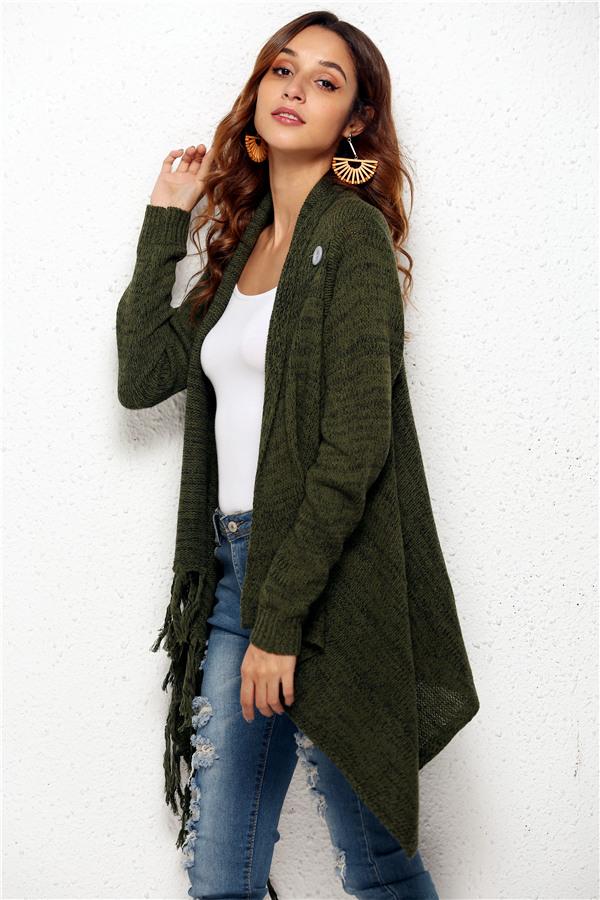 Tassel Asymmetrical Hem Shawl Speckled Fringe Cardigan - Green
