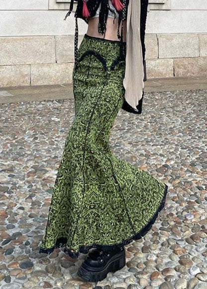 Diy Green Patchwork Lace Print High Waist Cotton Skirt Spring