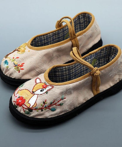 Linen Fabric Animal Embroidery Splicing Buckle Strap Flat Shoes