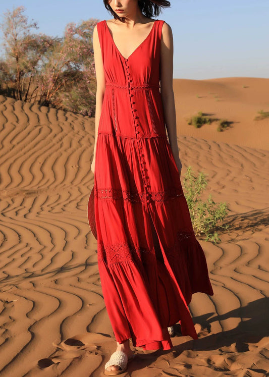 Red Hollow Out Cotton Long Dresses V Neck Summer