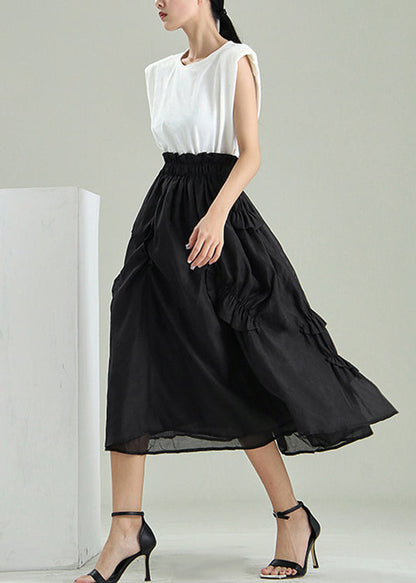 Fine Black Asymmetrical Wrinkled Tulle Skirts Spring