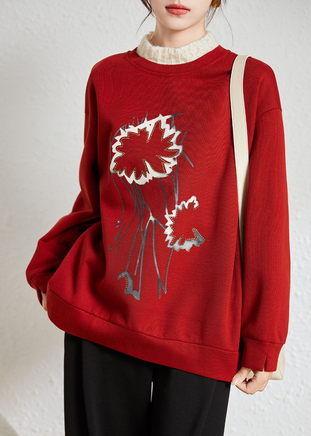 Red Turtleneck Patchwork Print Fake Two Pieces Fleece Sweatshirt Winter