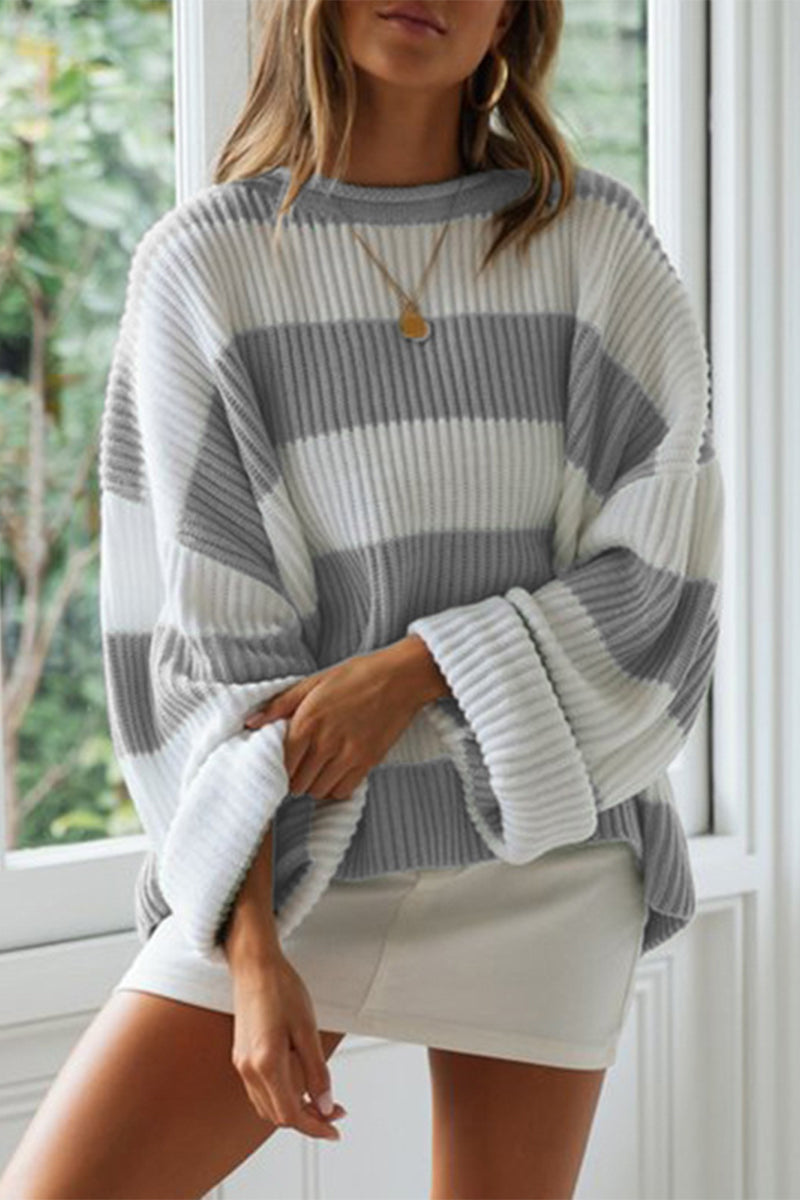Sweet Striped Contrast O Neck Sweaters(5 Colors)