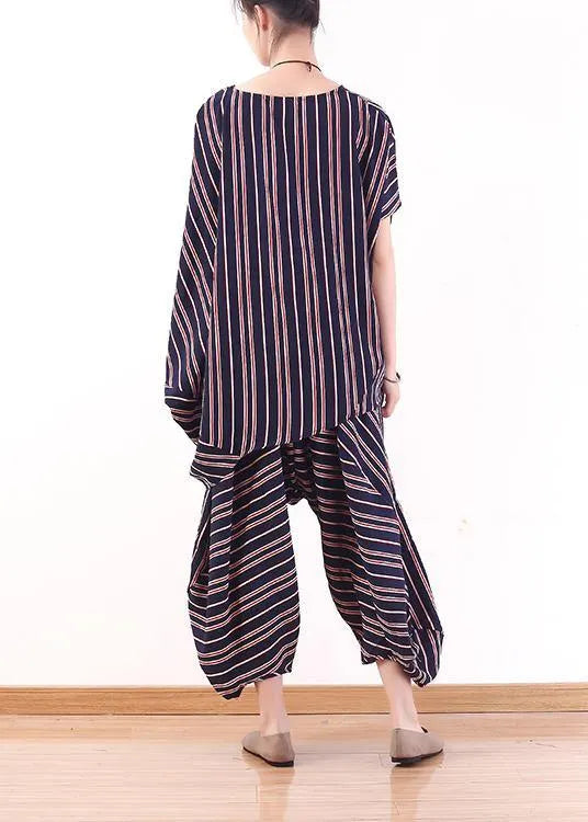 New Summer Stylish Red Blue Striped Batwing Sleeve Tops and Lantern Pants