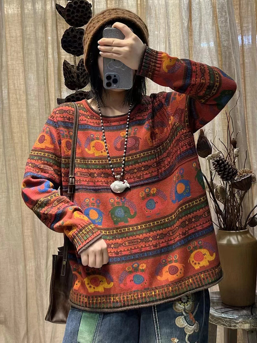 Winter Cotton Print O-neck Loose Sweater