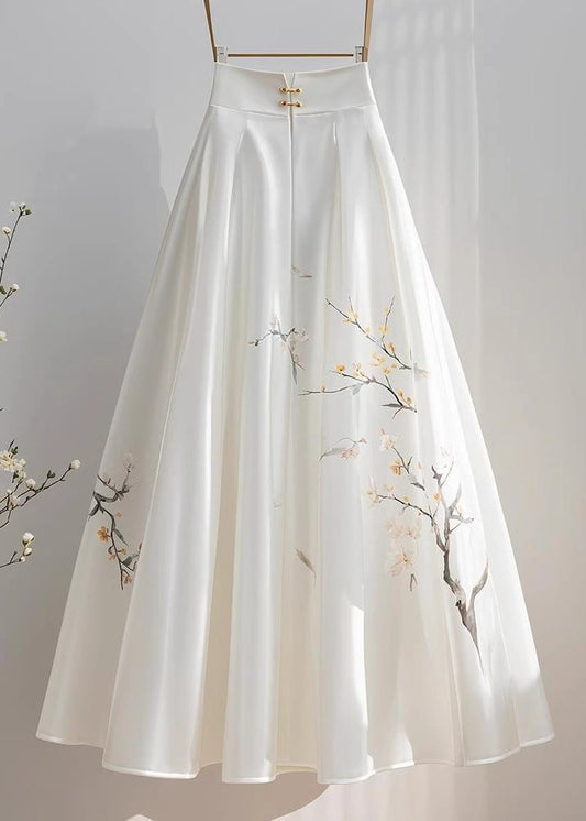 Chinese Style White High Waist Print Chiffon Skirts Fall