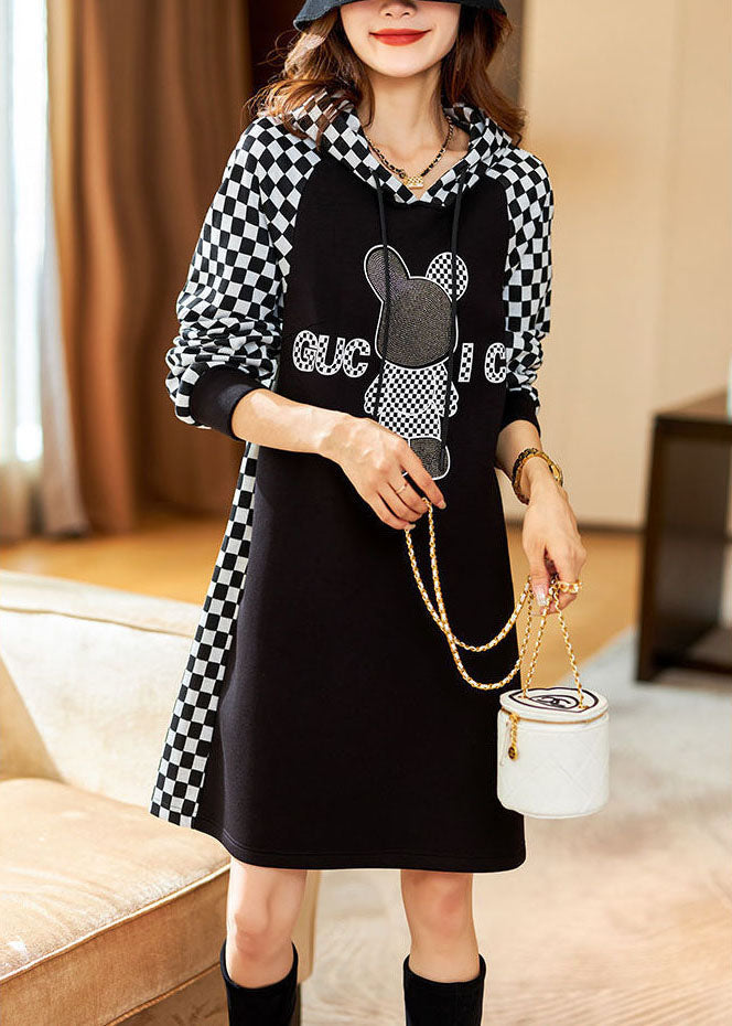 Black Hooded Plaid Sweatshirt Dress Winter