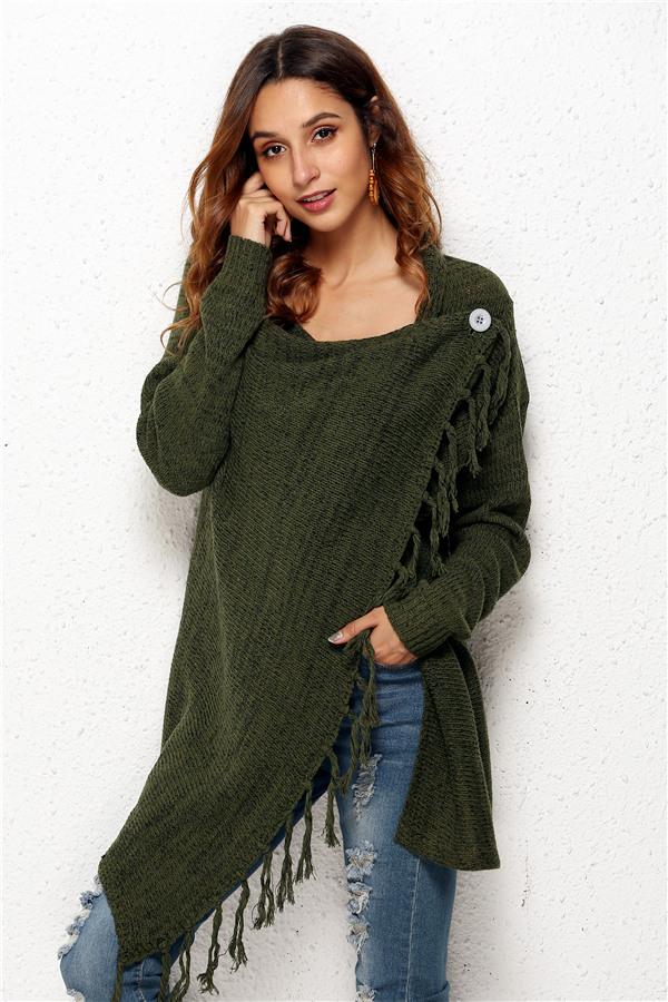 Tassel Asymmetrical Hem Shawl Speckled Fringe Cardigan - Green