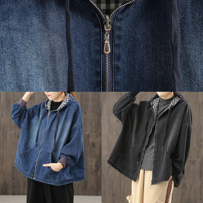 Denim Black Clothes Hooded Pockets Baggy Blouse
