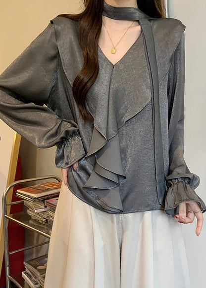 Grey Ruffles Oversized Chiffon Shirts Fall