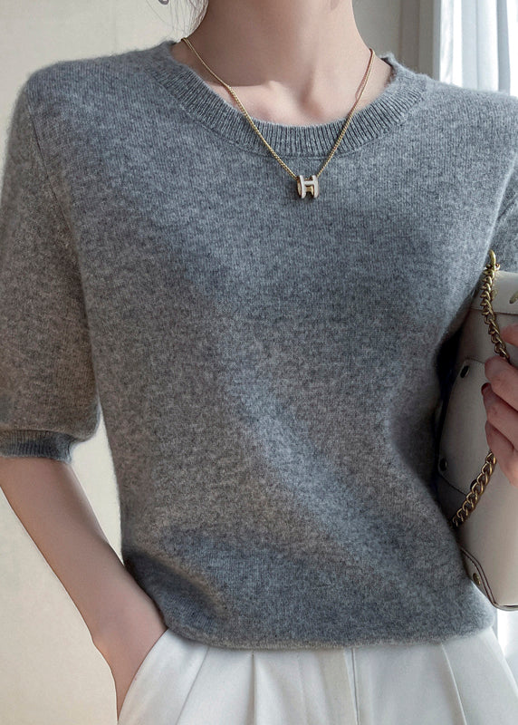 Apricot O Neck Cashmere Sweater Tops Half Sleeve