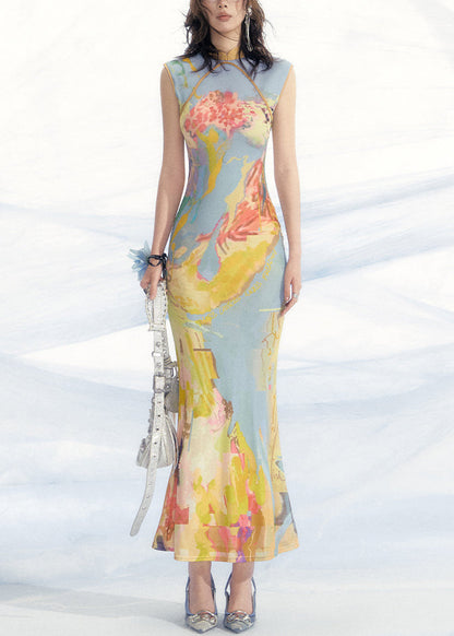 New Blue Print Wear on Both Sides Tulle Long Dress Sleeveless