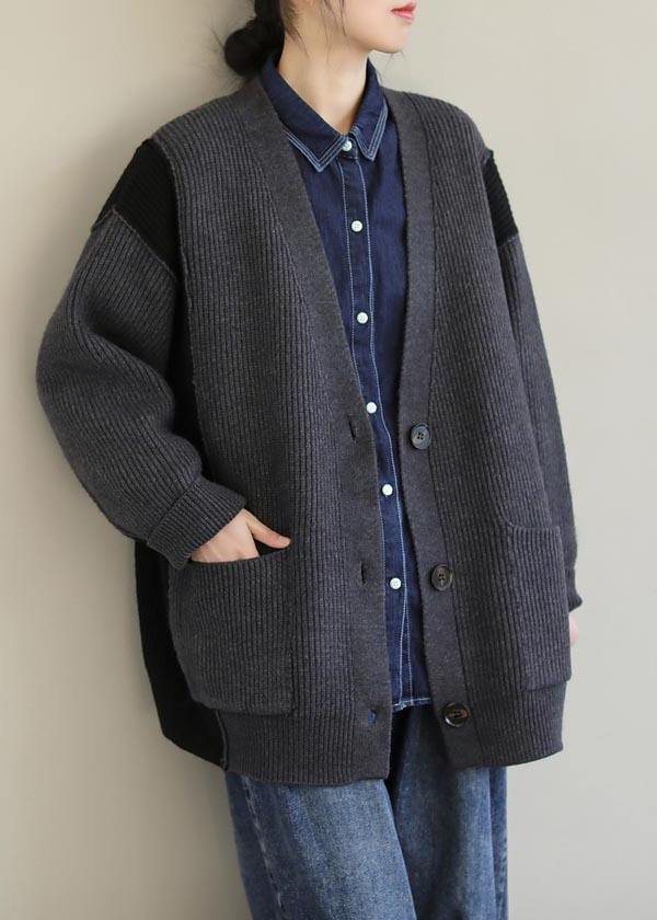 For Gray Knitted Pullover V Neck Button Downfall Knit Ssweat Tops