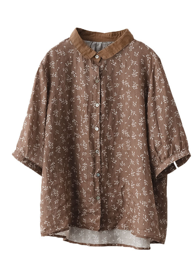 Coffee Linen Shirt Top Button Peter Pan Collar Half Sleeve