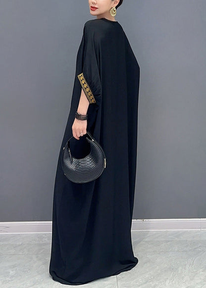 Black V Neck Embroidered Cotton Maxi Dress Batwing Sleeve