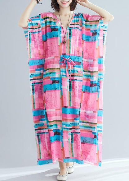 100% Pink Print Tunics V Neck Drawstring Long Summer Dresses