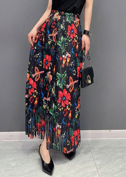 Black Wrinkled Tasseled Print Cotton Skirts Spring