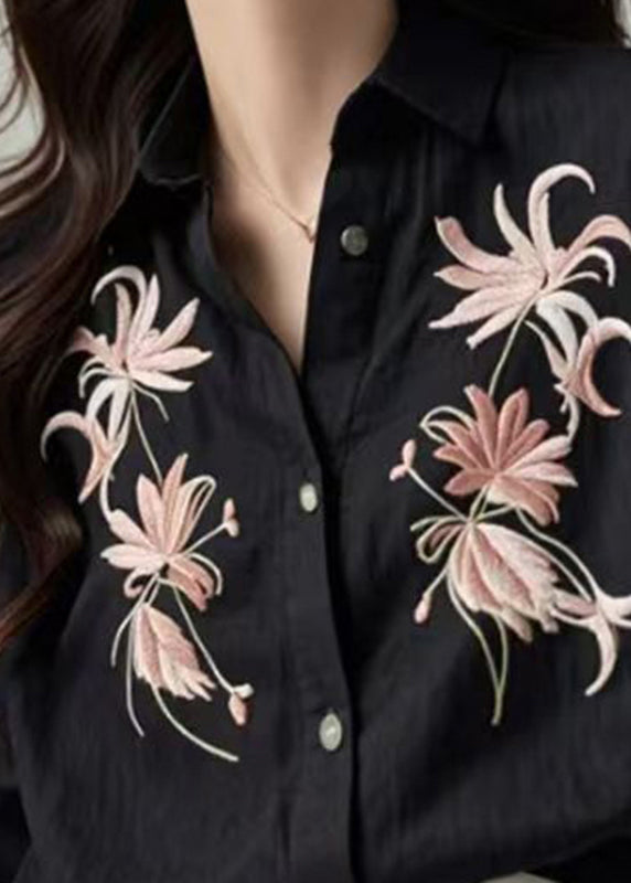 Boutique Black Embroidered Button Shirts Spring
