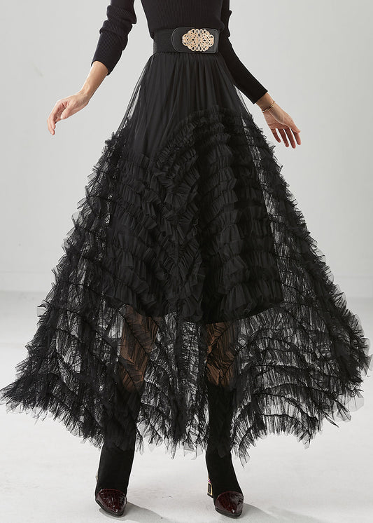 Black Silm Fit Tulle a Line Skirt Ruffled High Waist Fall