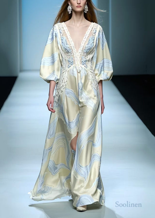 Apricot Print Draping Silk Maxi Dresses Lantern Sleeve