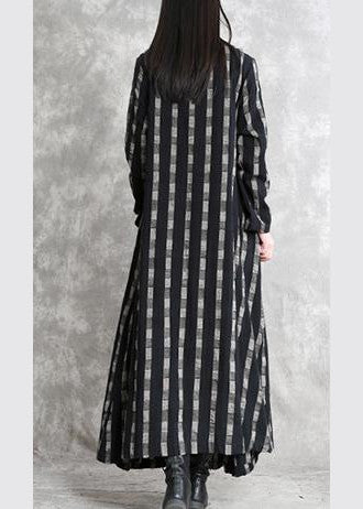 Fine Black Plaid Natural Linen Dress O Neck Patchwork Linen Maxi Dress Long Sleeve Pockets Dresses