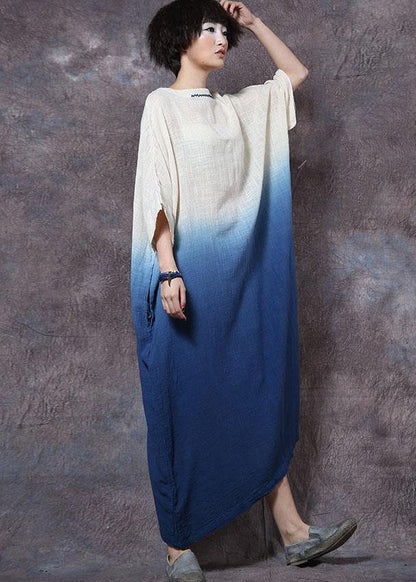 Blue Linen Cotton Clothes Gradient Color Maxi Summer Dresses
