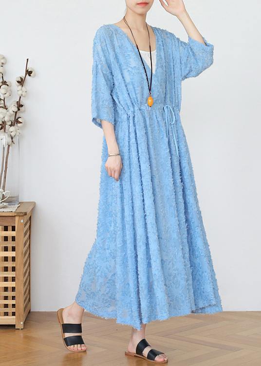 Blue Chiffon Cinched Holiday Dress in Spring Summer