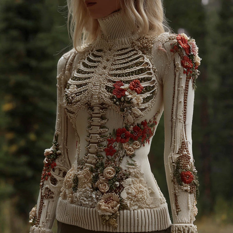 Comstylish Vintage Skull Floral Embroidery Art Jacquard Knit Turtleneck Sweater