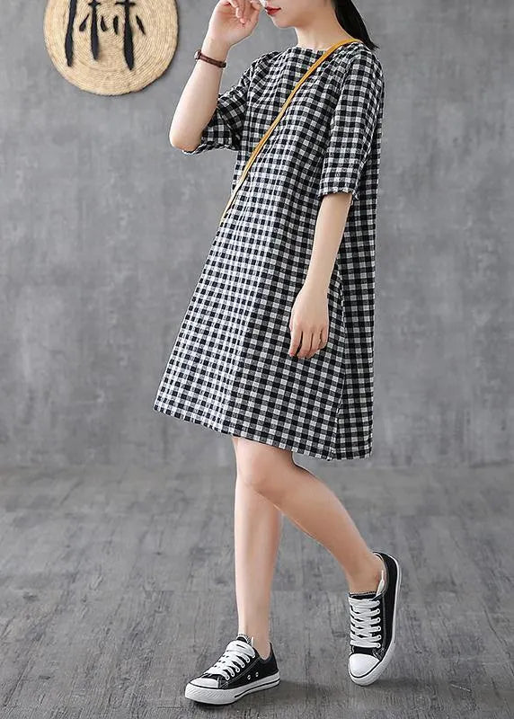 Diy O Neck Half Sleeve Cotton Linen Wardrobes Outfits Black Plaid Dresses Summer