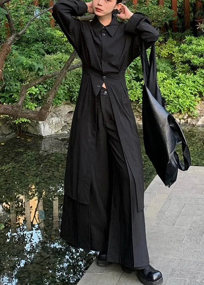 Loose Black Button Shirts and Wide Leg Pants Cotton Two Pieces Set Spring