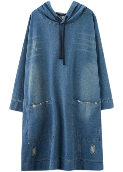 Blue Hooded Drawstring Denim Dress