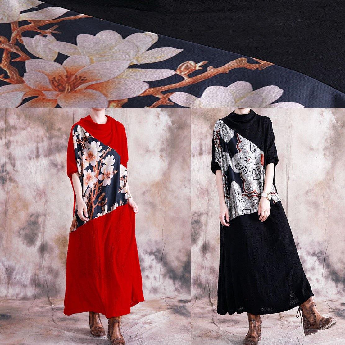 Patchwork Prints Clothes for Neckline Red Long Dress Fall