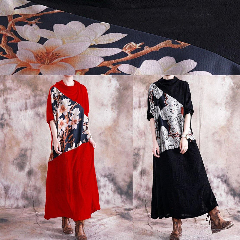 Patchwork Prints Clothes for Neckline Red Long Dress Fall