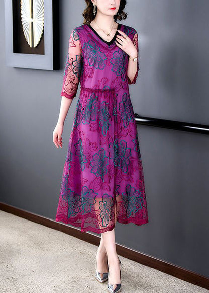 Purple Embroideried Ruffled Tulle Dresses Half Sleeve