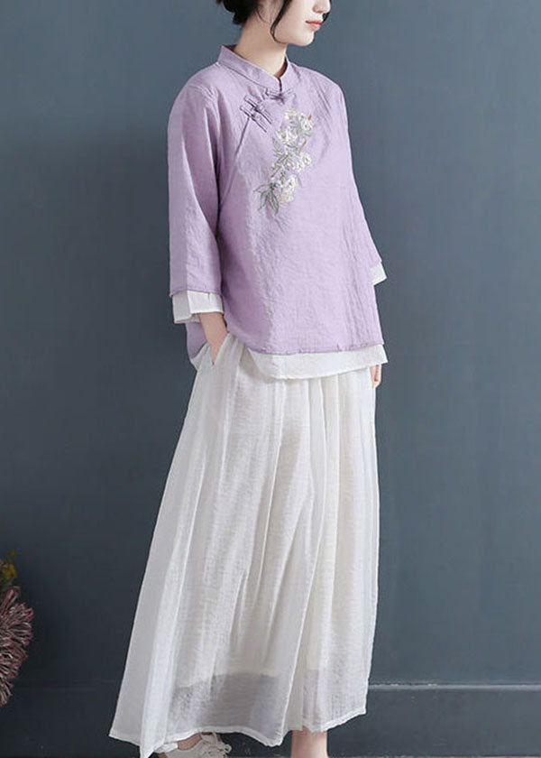 Purple Chinese Style Cotton Blouse Tops Layered Embroideried Three Quarter Sleeve