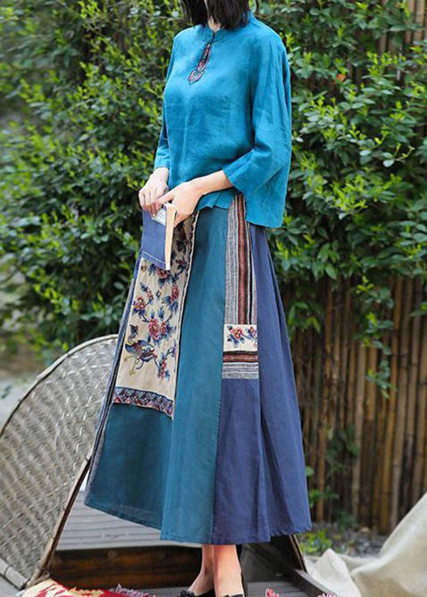 Blue Wrinkled Embroideried Pockets Patchwork Linen Skirt Summer