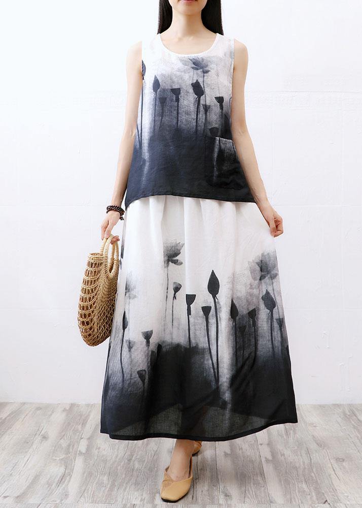White Print a Line Fall Linen Skirts