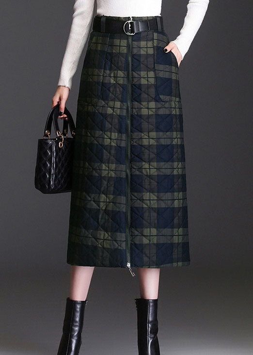 Green Zip Up Plaid Fine Cotton Filled Skirts Winter