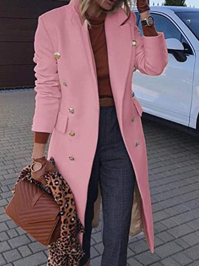 Coats Lapel Button Pocket Long Sleeve Woolen Coat
