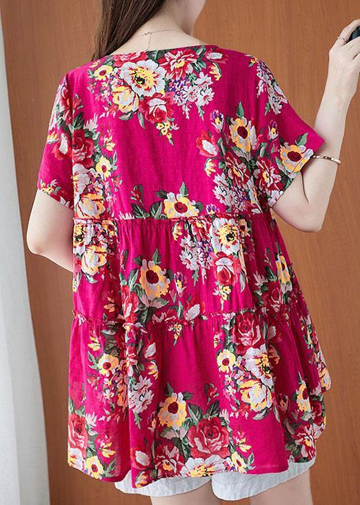 Rose Print Cinched Cotton Linen Blouses Summer
