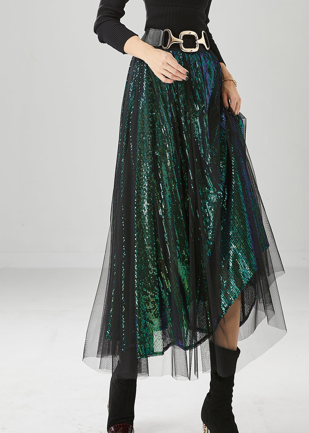 Peacock Green Silm Fit Tulle a Line Skirts Sequins Fall