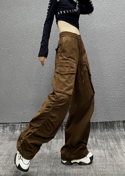 Coffee Pocket Cinched Elastic Waist Pants Autumn