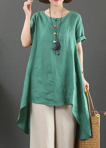 Italian Green Linen Top O Neck Asymmetric Baggy Summer Shirts