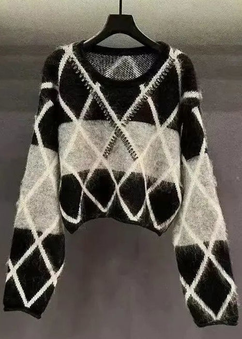 Black Plaid Sequined Patchwork Cotton Knit Sweaters Long Sleeve