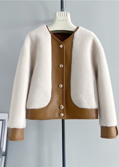 French White V Neck Patchwork Leather and Fur Jackets Winter