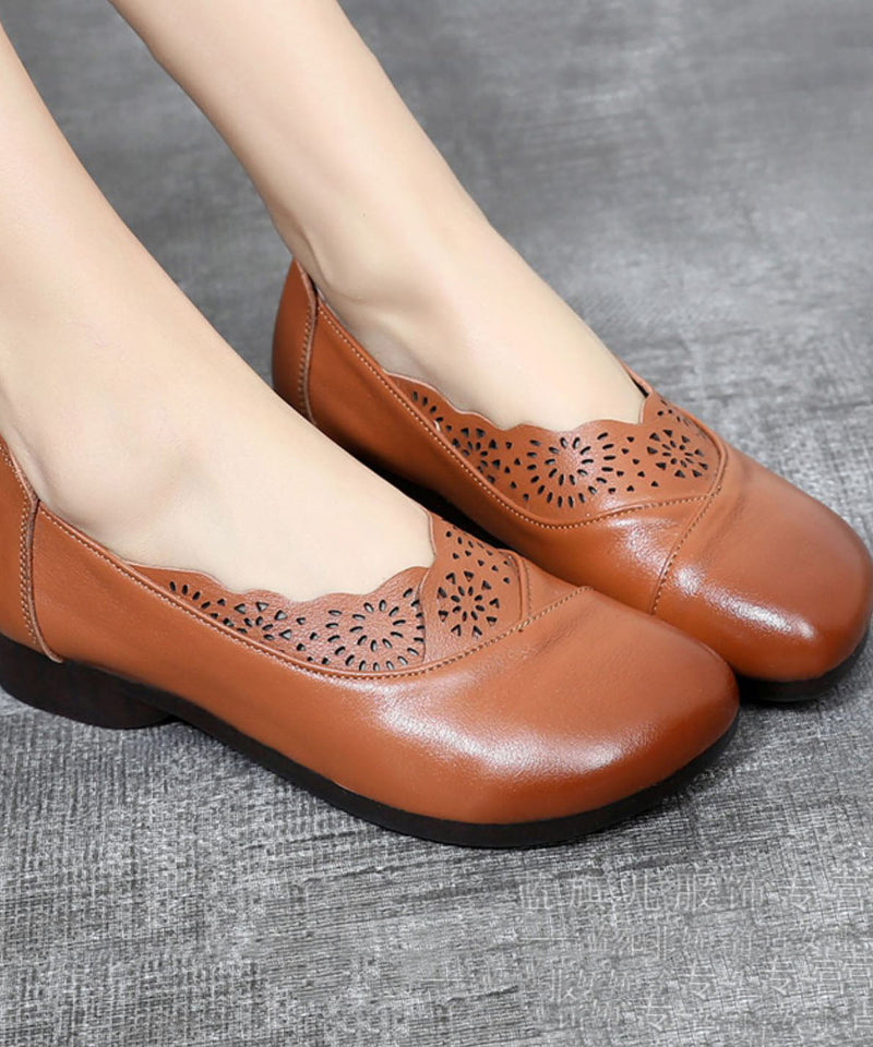 Green Hollow Out Flat Shoes Cowhide Leather Splicing Flats