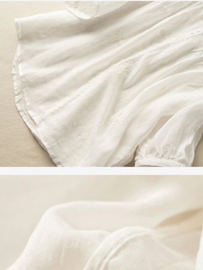 Embroidered V Neck 3/4 Sleeve Linen Shirt Top